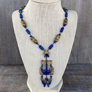 Vintage Blue Lapis Lazuli & Brass Pendant Beaded Necklace